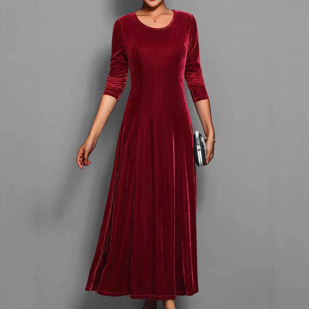 Langes Damen-Samtkleid – A-Linien-Schnitt mit eleganten 3/4-Ärmeln