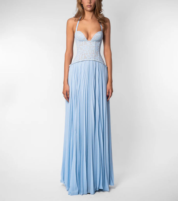 Robe Femme à Dos Nu – Plissée, Décolleté Plongeant, Liens Nuque