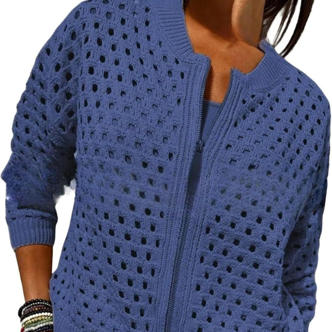 Cardigan Femme en Maille – Col Rond Zippé Léger Ajoure
