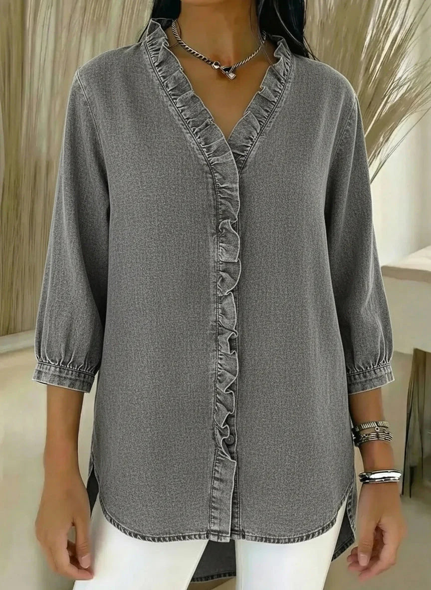 Damenbluse im Denim-Stil – V-Ausschnitt, Volants, gerader Schnitt