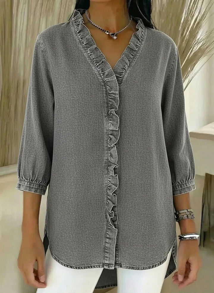 Damenbluse im Denim-Stil – V-Ausschnitt, Volants, gerader Schnitt