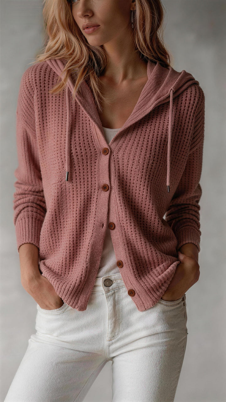 Damen-Weste mit Kapuze aus Strickwaren – Lässiger Schnitt, Knopfleiste
