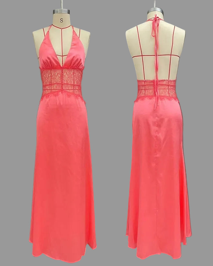 Robe Femme Satin Longue – Halter Sans Couture Fente Prononcée