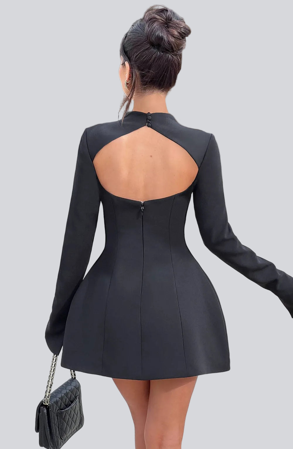 Damen-Minikleid in A-Linie mit langen Ärmeln – hohe Taille, rückenfrei