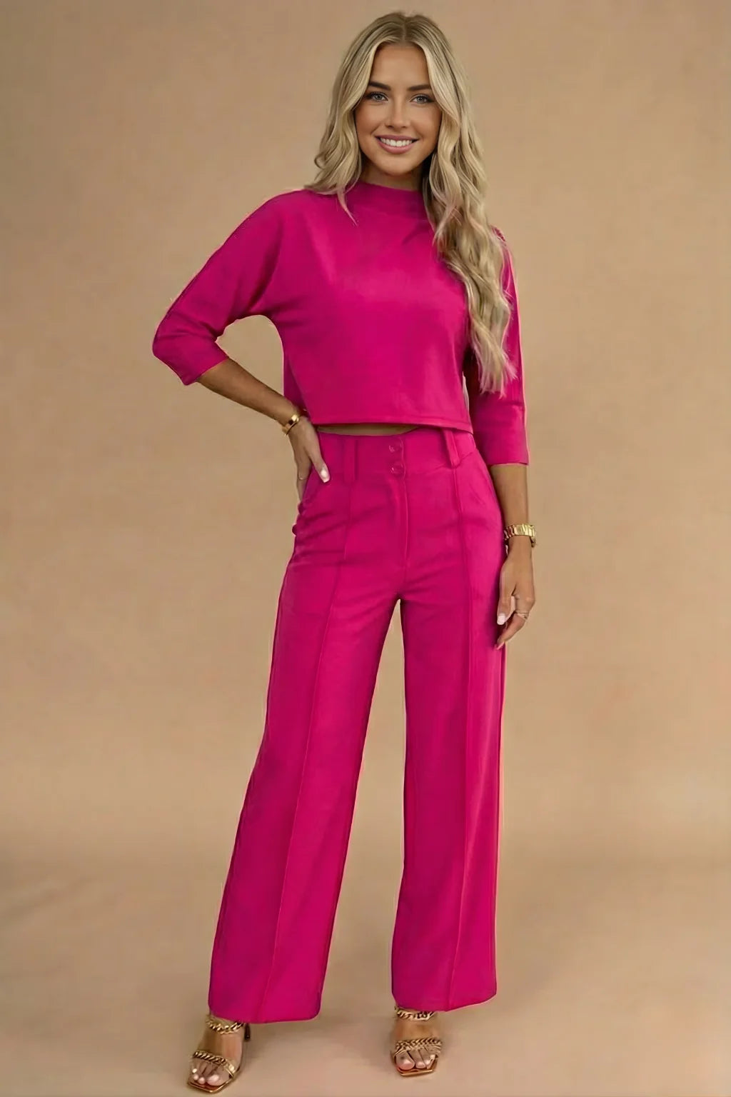 Conjunto de dos piezas para mujer – Top corto acampanado y pantalón ancho de talle alto