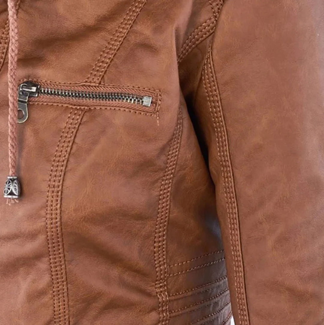 Vegane Motorradjacke für Damen – taillierter Schnitt mit abnehmbarer Kapuze