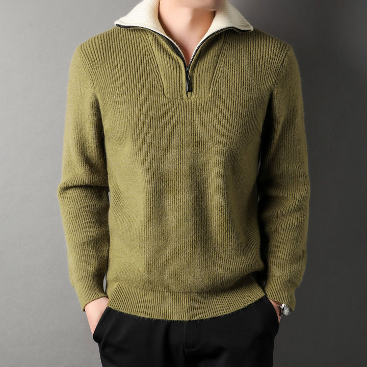 Jacquardstrikket sweater til herre – delvis lynlås i kraven, afslappet snit