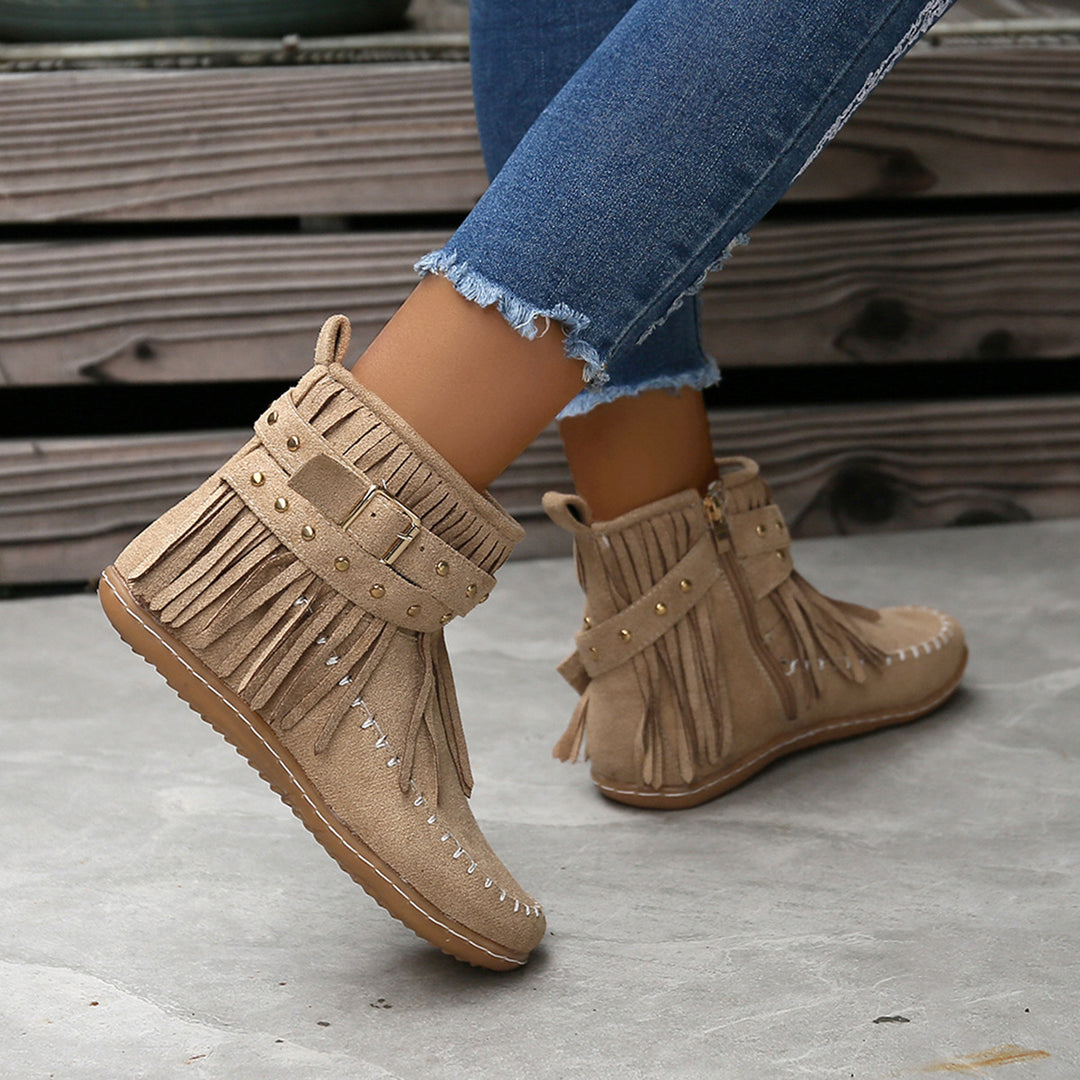 Damenstiefeletten aus Veloursleder – Lässige Fransen &amp; flacher Absatz