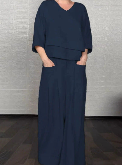 Damen-Zweiteiler – Rundhals-Top und gerade geschnittene Hose