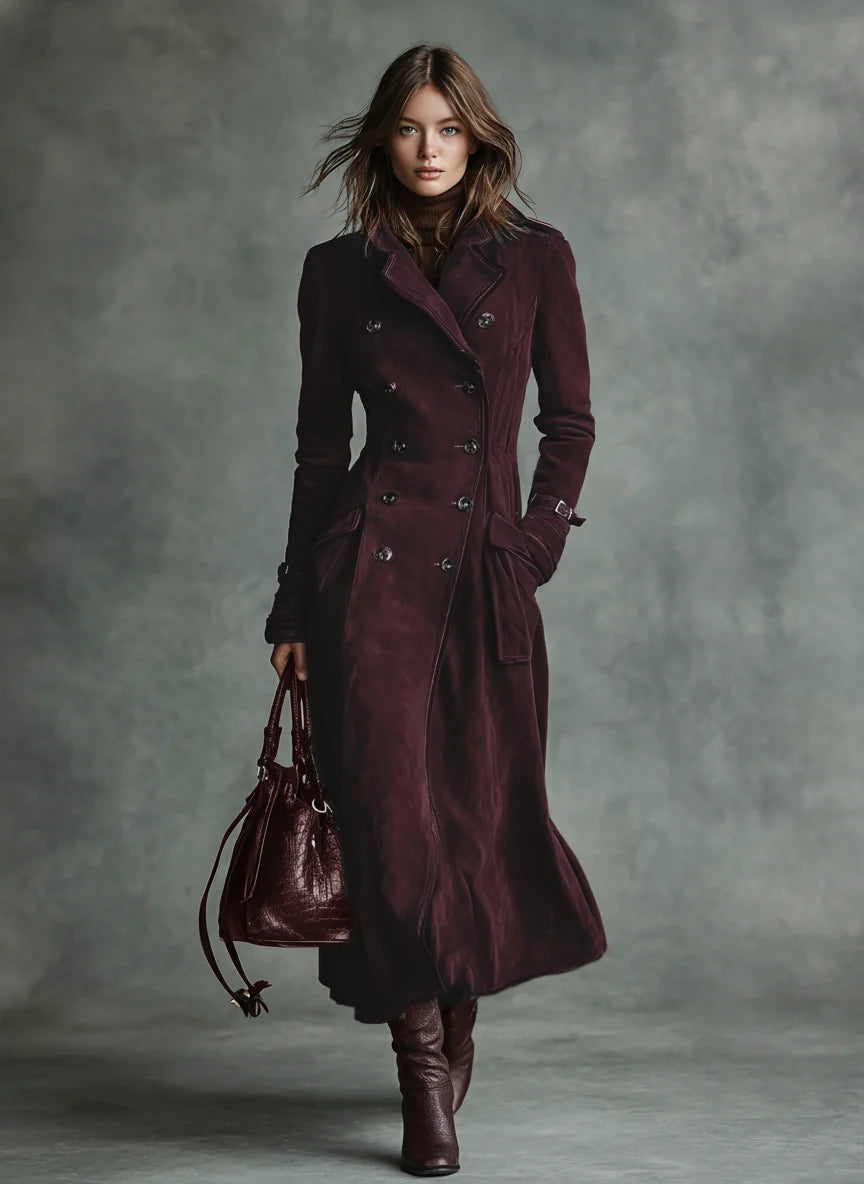Langer Damenmantel aus Velourslederimitat – Moderne Silhouette mit Revers