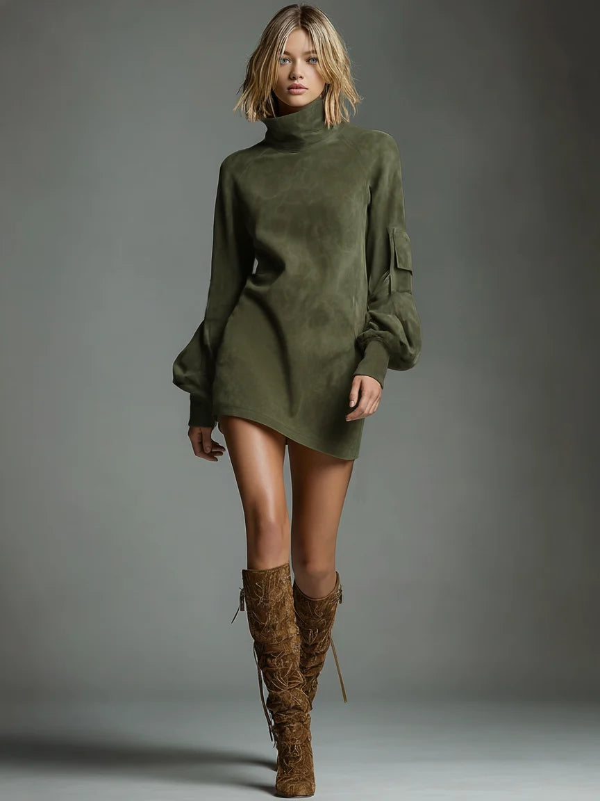Damen-Minikleid mit Stehkragen und langen Ärmeln – lässiger Schnitt