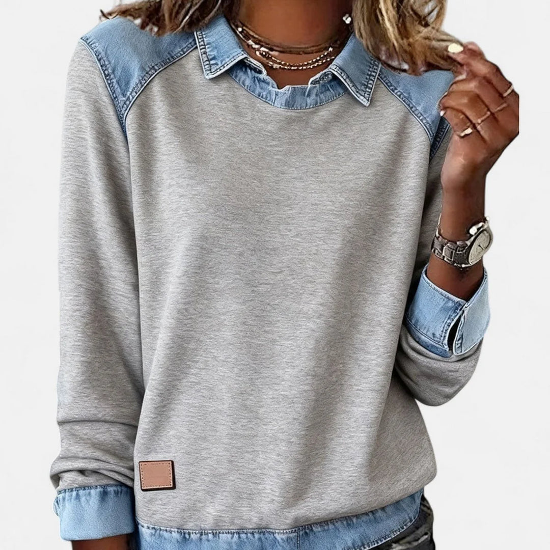 Damenpullover aus Strick – Hemdkragen aus kontrastierendem Denim