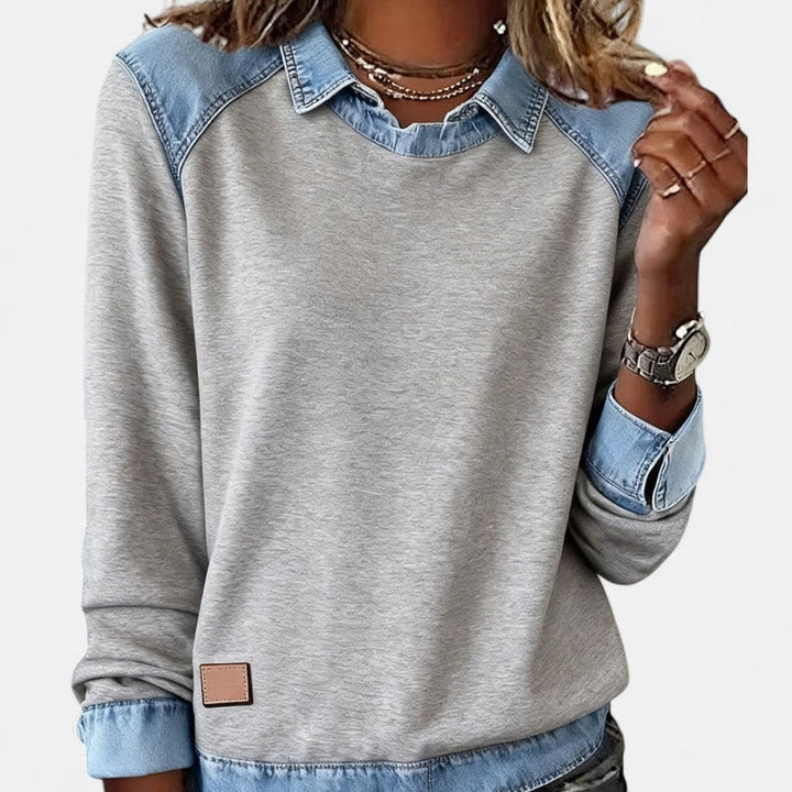 Damenpullover aus Strick – Hemdkragen aus kontrastierendem Denim