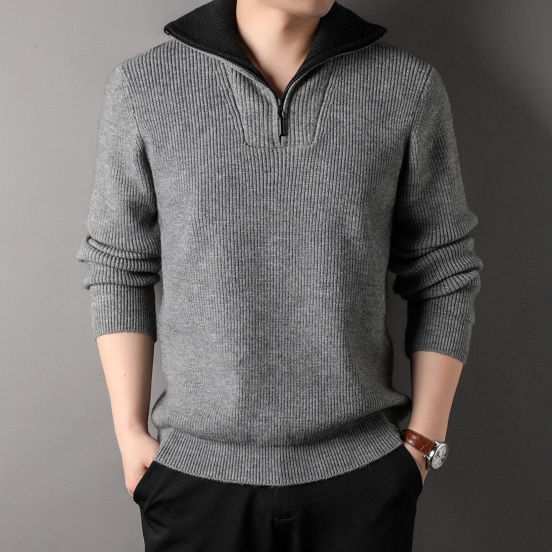 Jacquardstrikket sweater til herre – delvis lynlås i kraven, afslappet snit