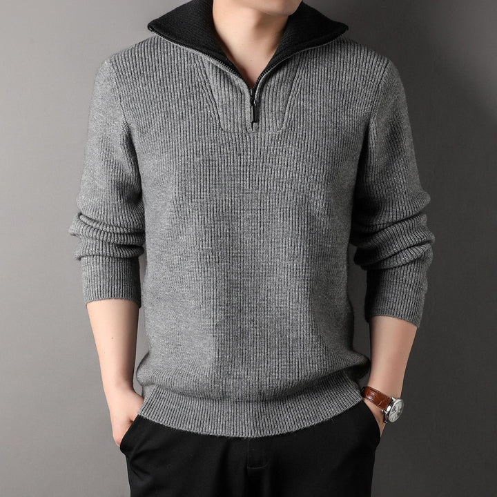 Jacquardstrikket sweater til herre – delvis lynlås i kraven, afslappet snit