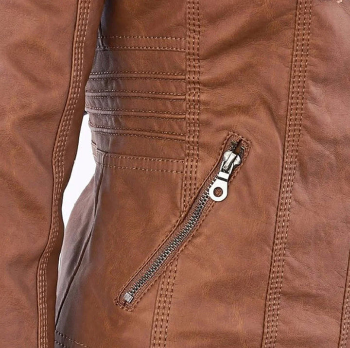 Vegane Motorradjacke für Damen – taillierter Schnitt mit abnehmbarer Kapuze