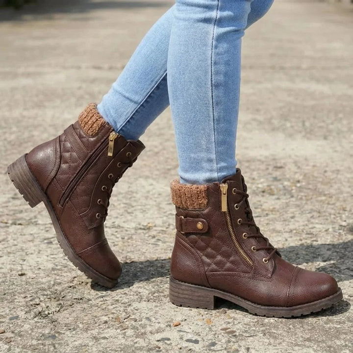 Gesteppte Damenstiefeletten – Schnürsenkel und praktischer seitlicher Reißverschluss
