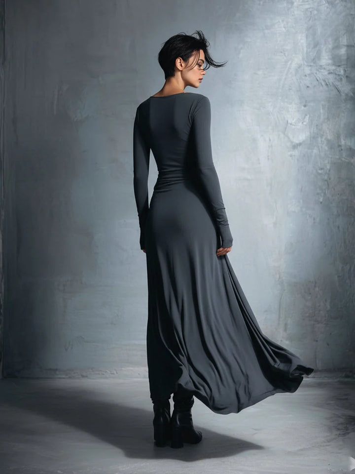 Elegantes Maxi-Wickelkleid für Damen mit Schleifenmuster und langen Ärmeln