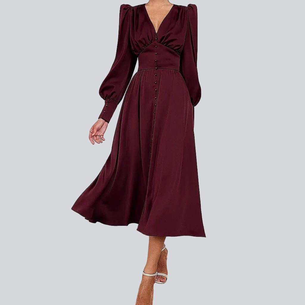 Satin-Midikleid für Damen – Laternenärmel, taillierter Schnitt
