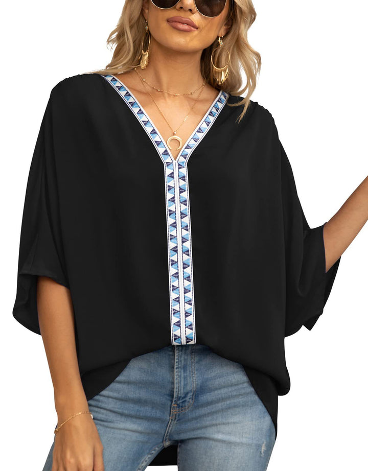 Camicia da donna con maniche a pipistrello effetto chiffon – scollo a V fluido