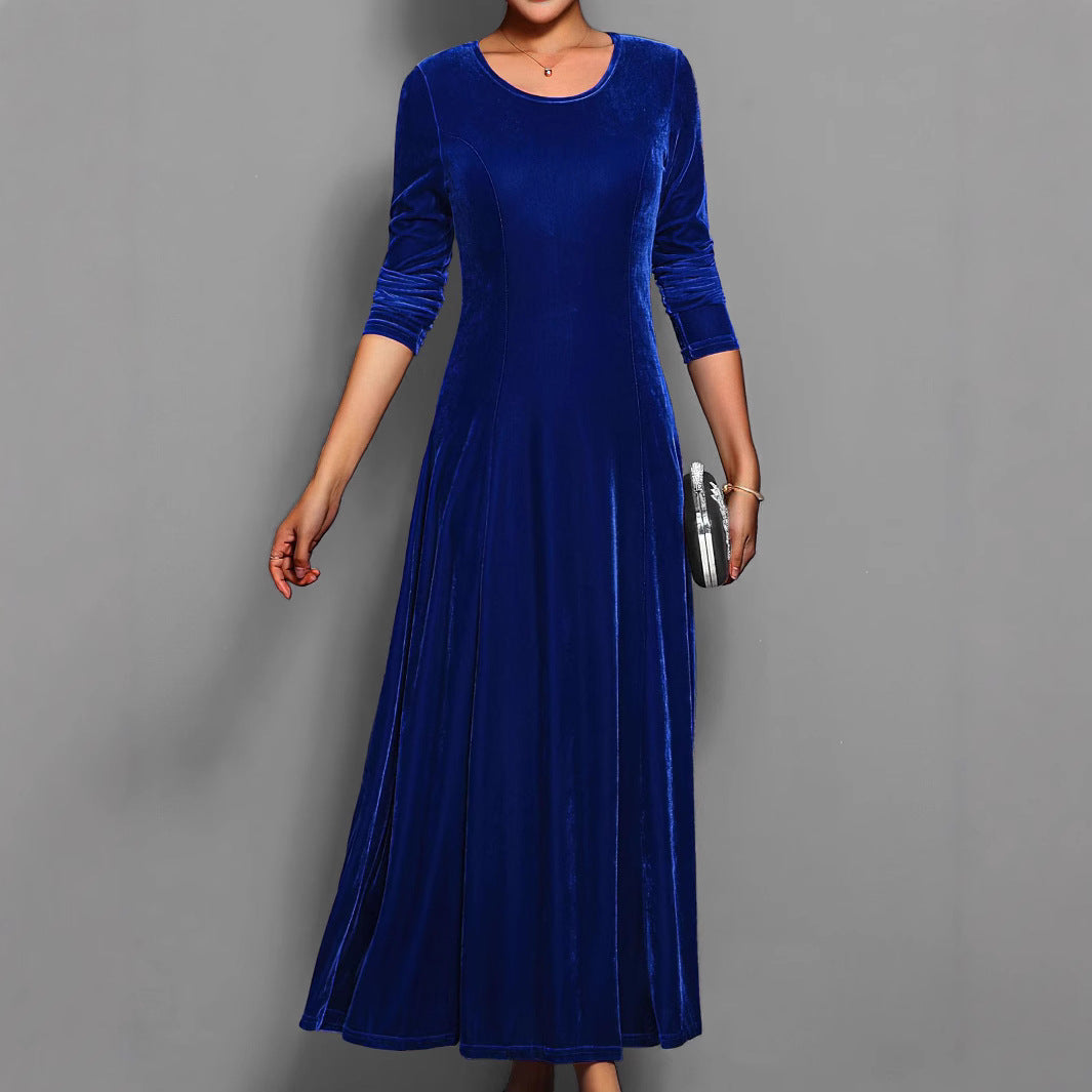 Langes Damen-Samtkleid – A-Linien-Schnitt mit eleganten 3/4-Ärmeln