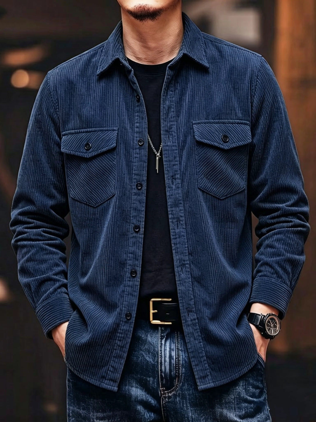 Veste Homme Effet Velours Côtelé – Coupe Ajustée à Col Revers