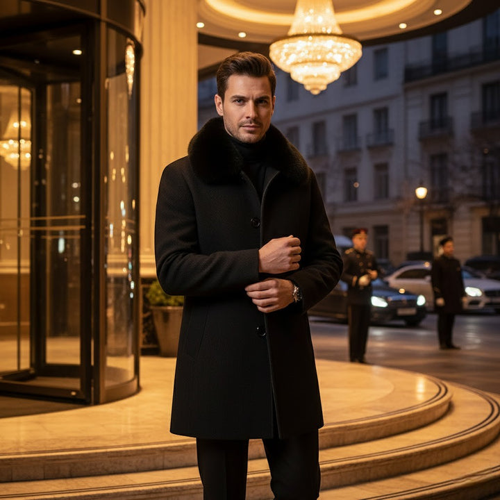Cappotto trench in lana uomo con collo in pelliccia