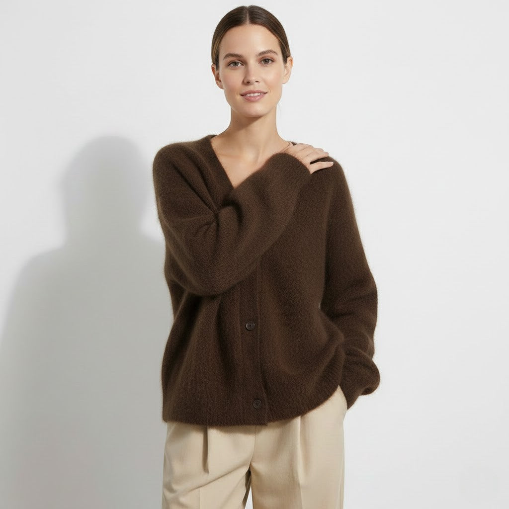 Damen Strickjacke aus weichem Strick mit Knöpfen – V-Ausschnitt, lockerer Schnitt