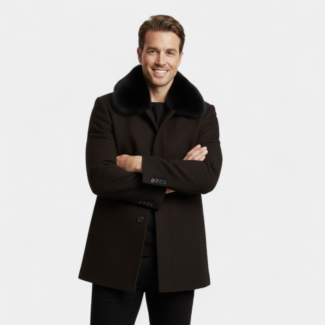 Cappotto trench in lana uomo con collo in pelliccia