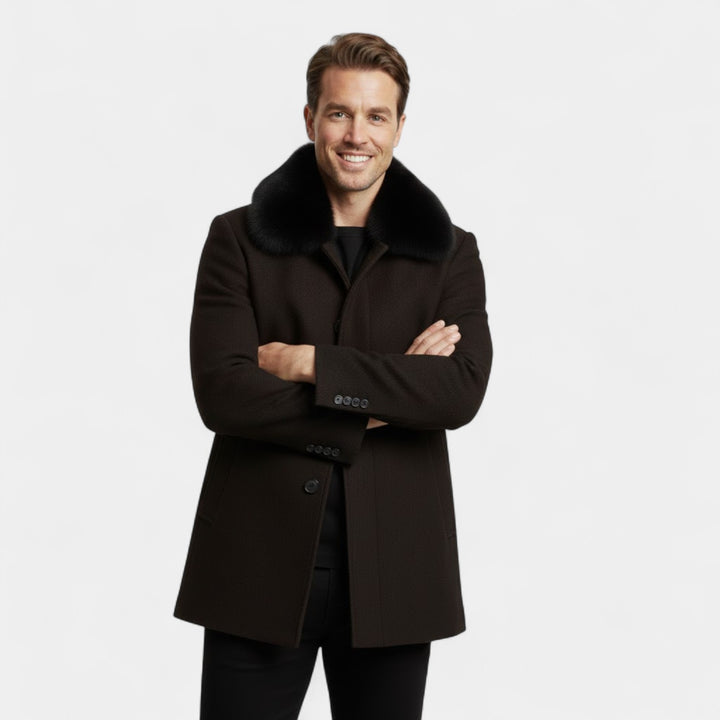 Cappotto trench in lana uomo con collo in pelliccia