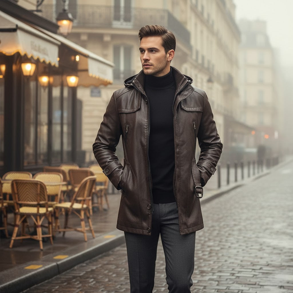 Claire Mode | Herrenledermantel – Mittellanger Trenchcoat im modernen Schnitt
