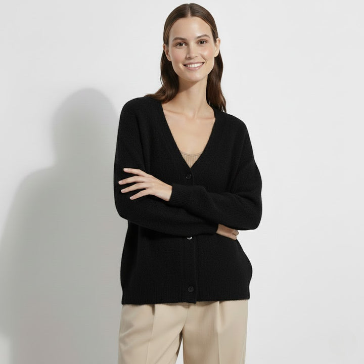 Damen Strickjacke aus weichem Strick mit Knöpfen – V-Ausschnitt, lockerer Schnitt