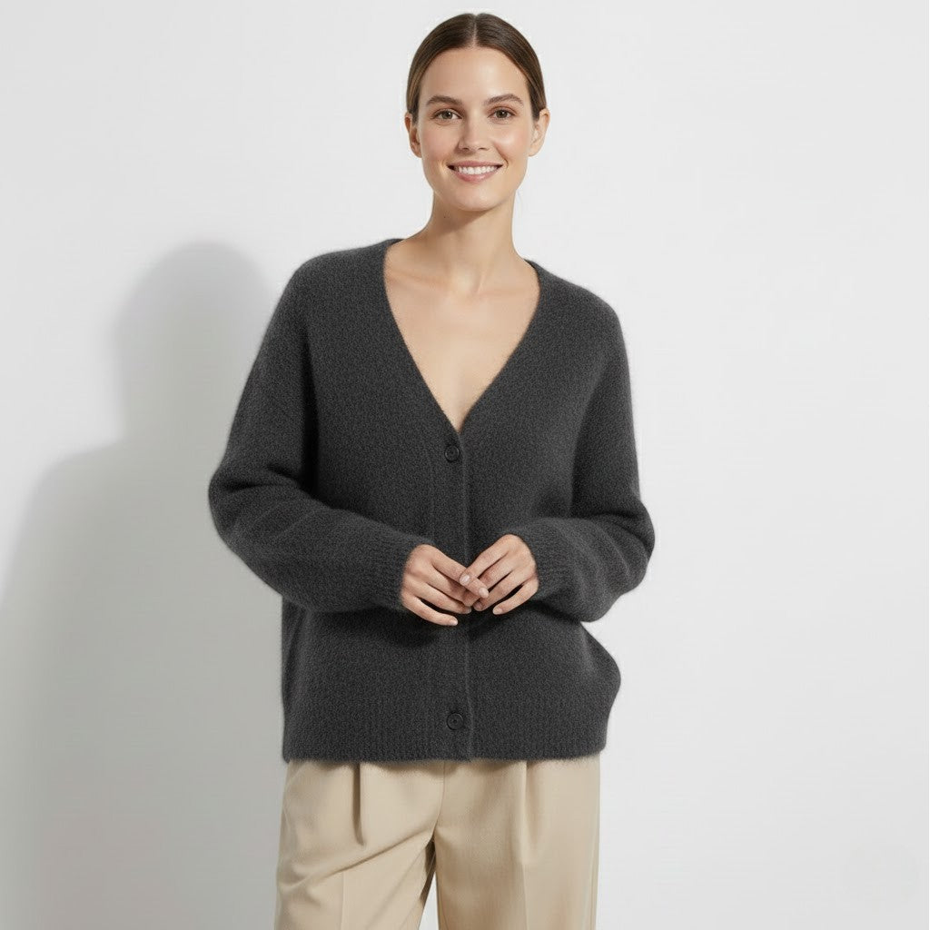 Damen Strickjacke aus weichem Strick mit Knöpfen – V-Ausschnitt, lockerer Schnitt