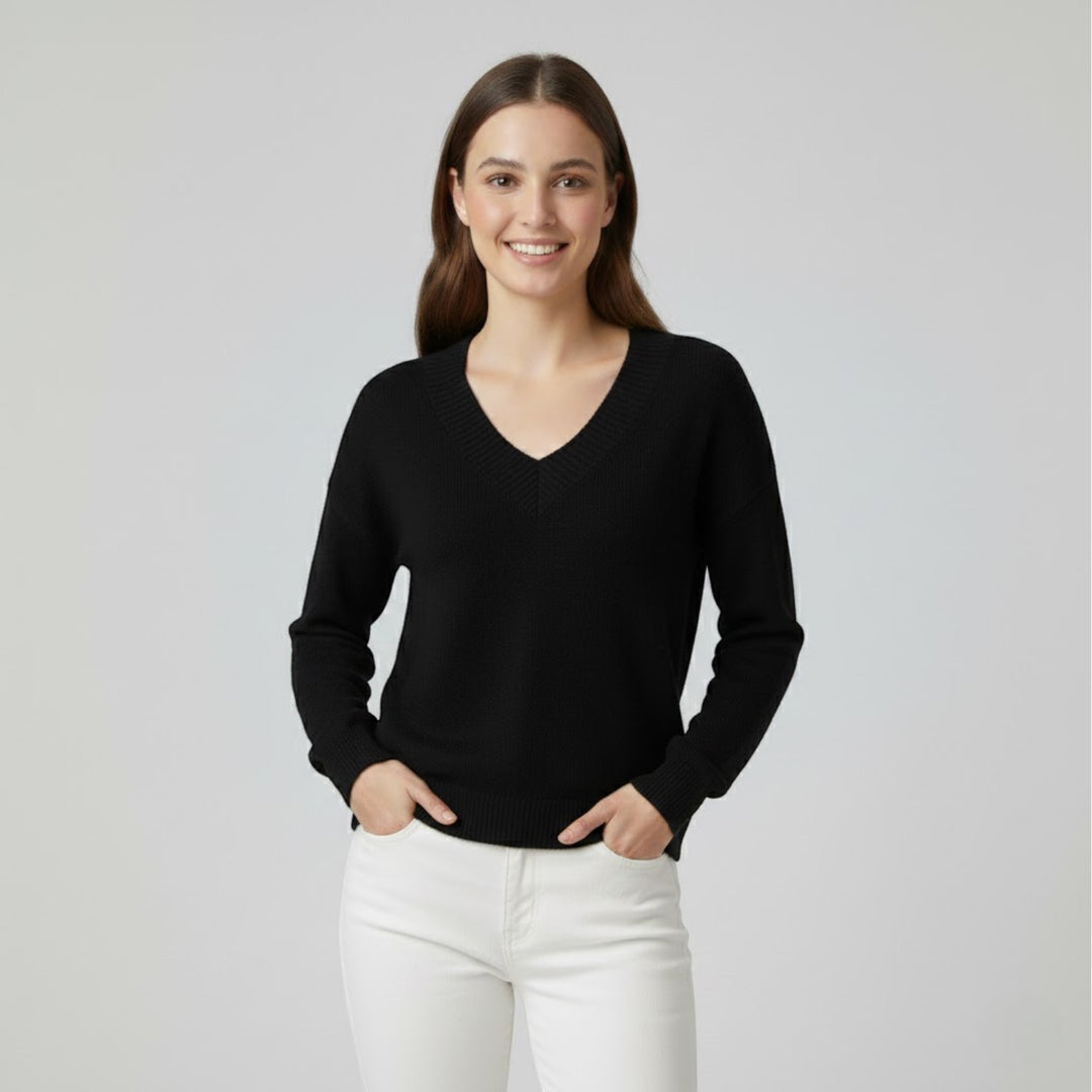 Damenfeinstrickpullover mit V-Ausschnitt – Lässiger, fließender Schnitt
