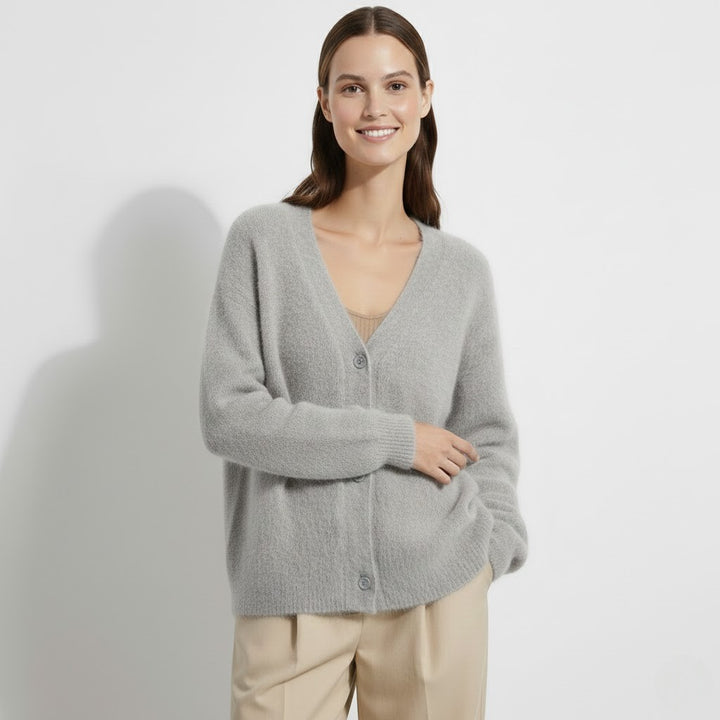 Damen Strickjacke aus weichem Strick mit Knöpfen – V-Ausschnitt, lockerer Schnitt