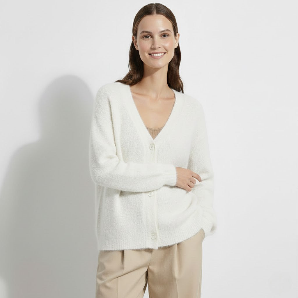 Damen Strickjacke aus weichem Strick mit Knöpfen – V-Ausschnitt, lockerer Schnitt