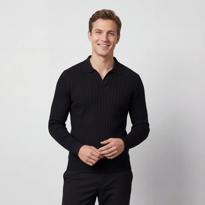 Polo a righe uomo in cotone maniche lunghe – stile coreano minimalista