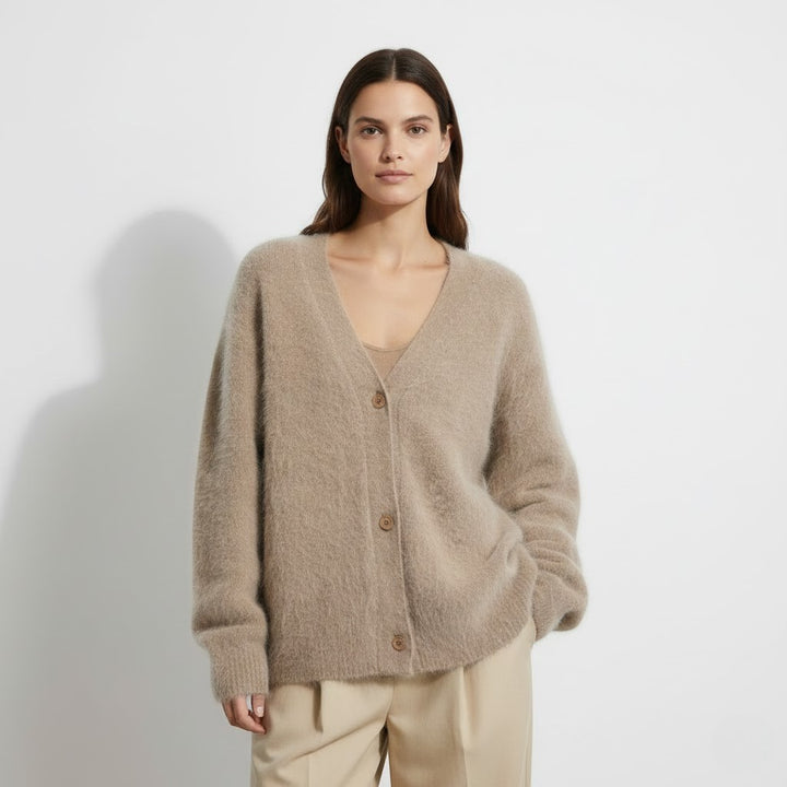 Damen Strickjacke aus weichem Strick mit Knöpfen – V-Ausschnitt, lockerer Schnitt