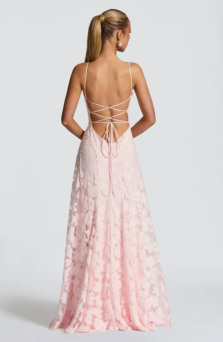 Vestito Maxi Donna con Schiena Scoperta e Lacci – Corsetto Aderente | Pizzo Testurizzato