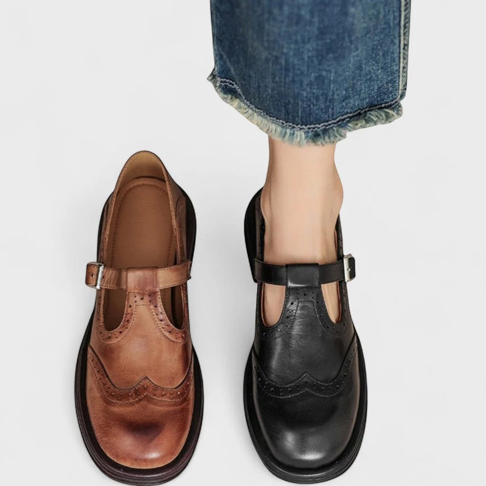Claire Mode | Damen strukturierte Lederschuhe mit dickem Absatz