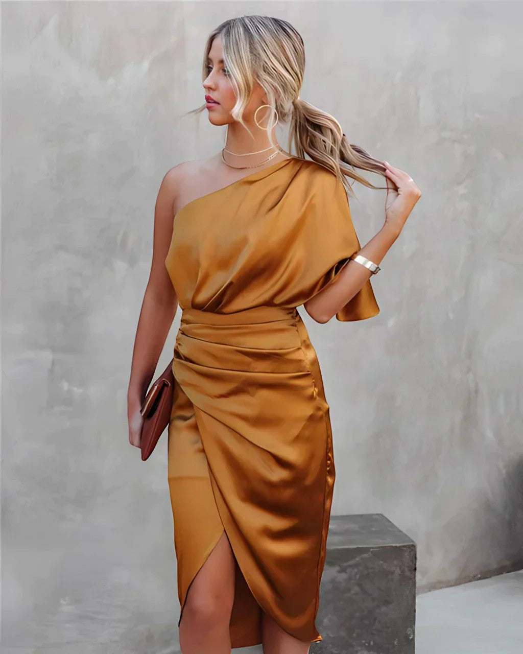 Asymmetrisches Abendkleid für Damen mit einer Schulter – Slim Fit Midi mit Schlitz | Baumwollmischung