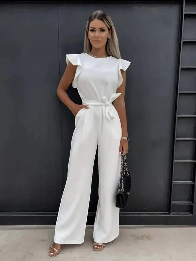 Damen Jumpsuit mit weitem Bein – Hohe Taille mit Bindegürtel | Fließend Drapierter gewebter Stoff