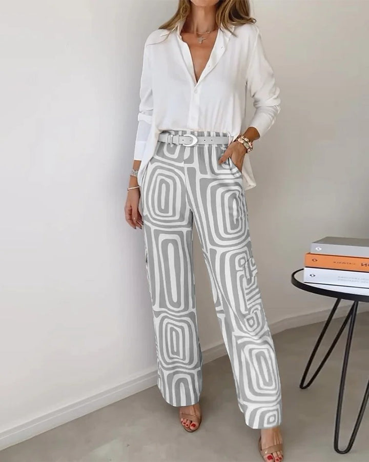 Completo Donna Due Pezzi con Stampa Pantalone Largo – Vita Alta con Cintura | Tessuto Leggero
