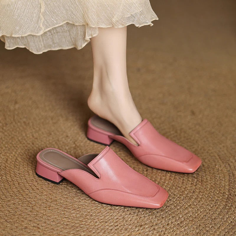 Damen Mules mit Absatz aus Leder – Schicke quadratische Spitze