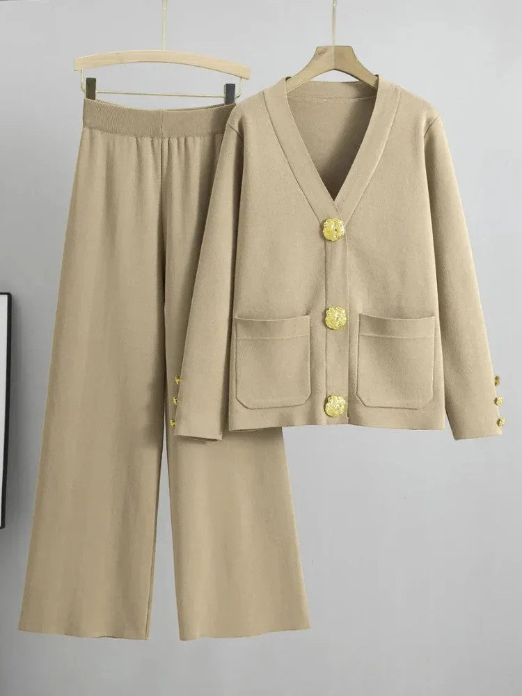 Zweiteiliges Damen-Set aus Spandex-Strick – Cardigan mit Knöpfen und weiter Hose