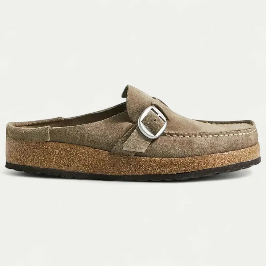 Damen flache Mules aus Wildleder – Schnallenriemen, Slip-on-Design