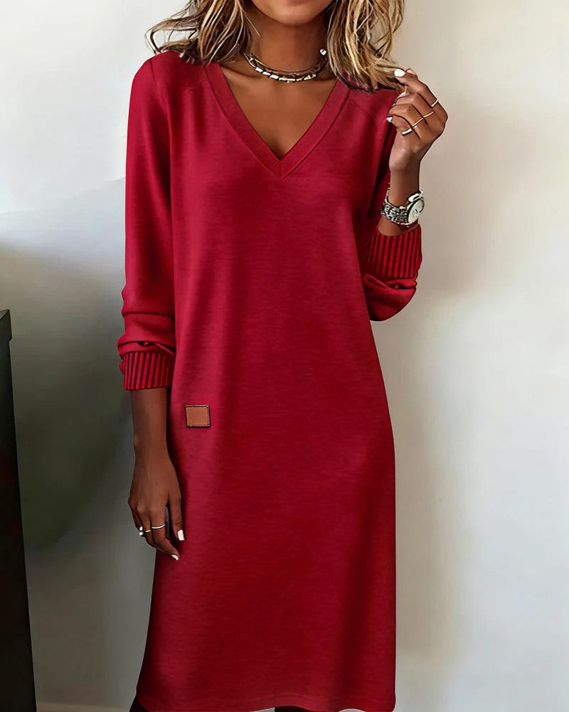 Midikleid Damen V-Ausschnitt Lange Ärmel – Gerade Legere Passform | Weiche Strickware