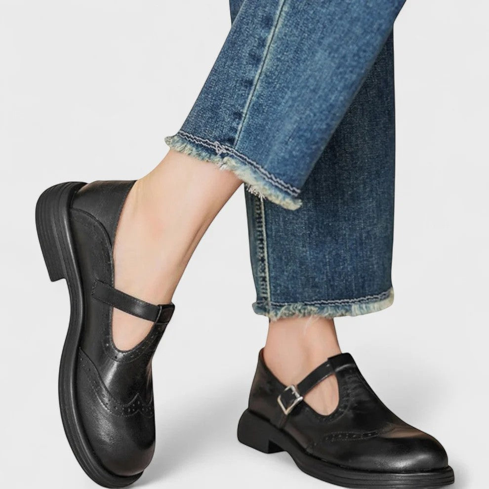 Claire Mode | Damen strukturierte Lederschuhe mit dickem Absatz