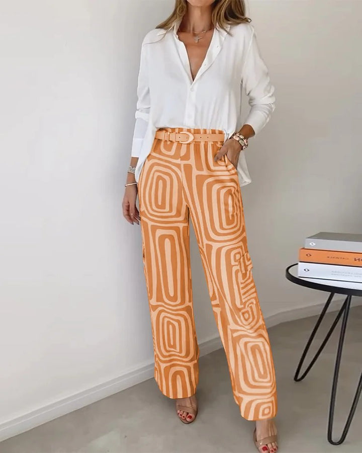 Completo Donna Due Pezzi con Stampa Pantalone Largo – Vita Alta con Cintura | Tessuto Leggero