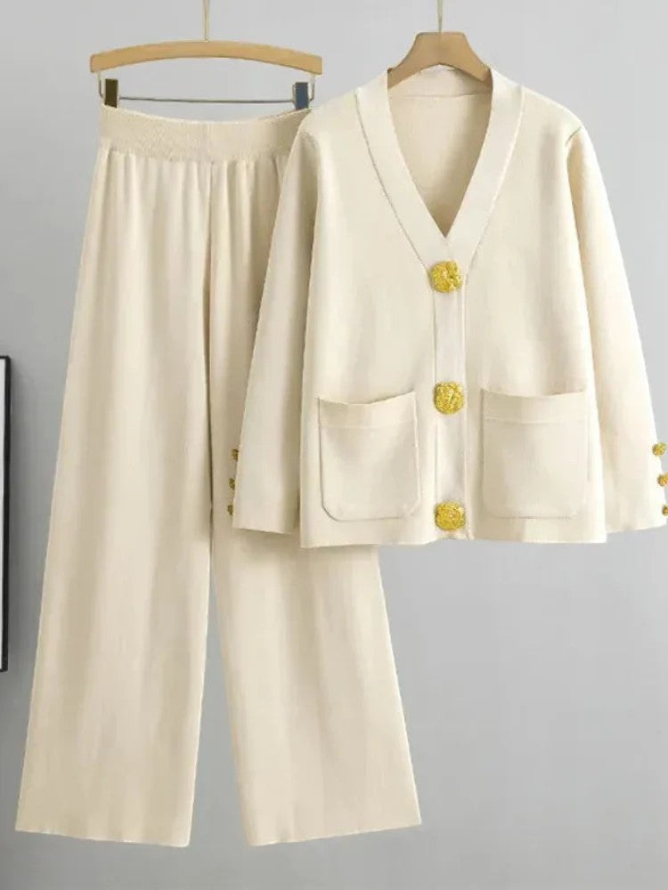 Zweiteiliges Damen-Set aus Spandex-Strick – Cardigan mit Knöpfen und weiter Hose